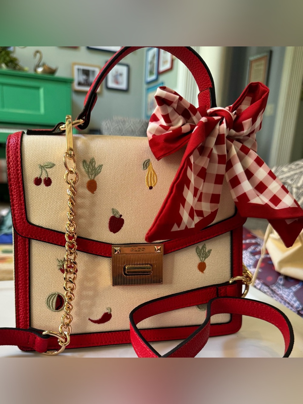 Aldo Cream Canvas Satchel with Red Trim and Gingham Bow